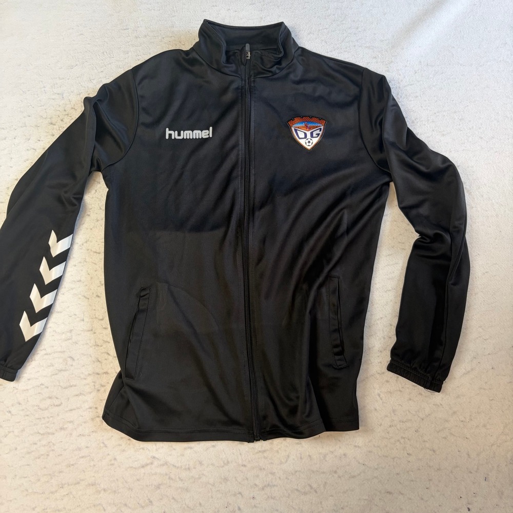 Hummel Track Jacket Mens Large Black Full Zip‎ Soccer DG Crest Chevron Sleeves